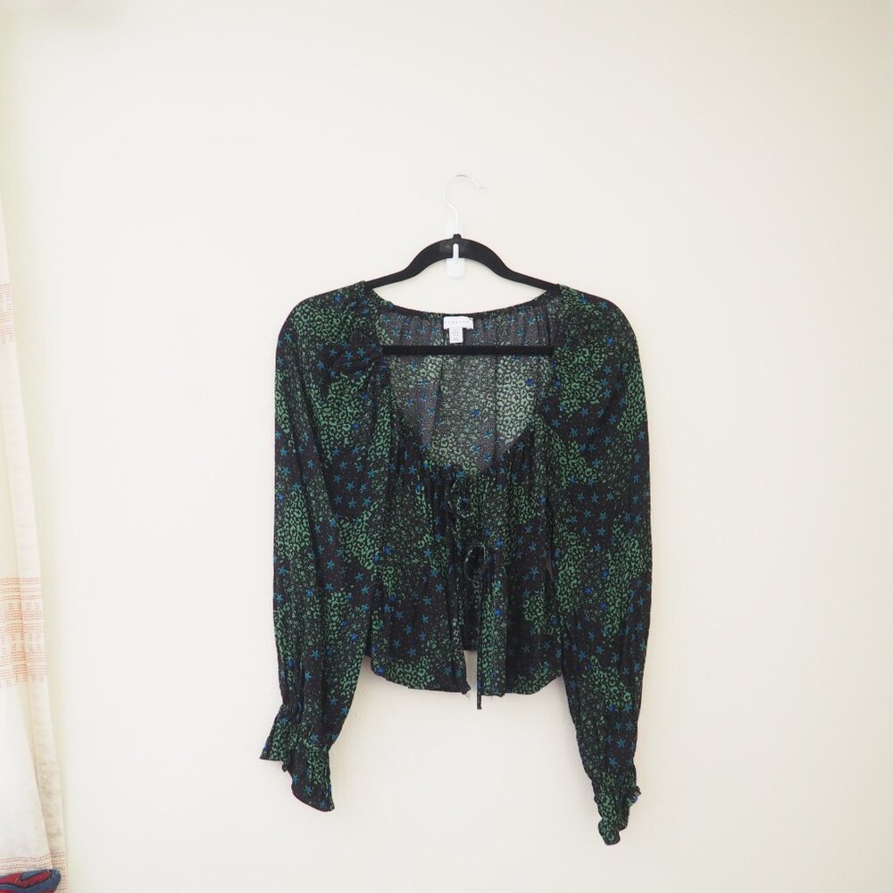 !! Topshop Green Mix Print Tie-Front Long Sleeve Top sz US 4 - Picture 5 of 10